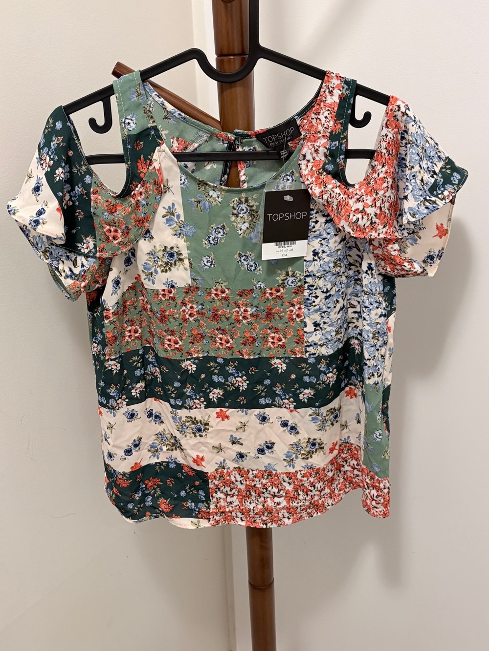 TOPSHOP Green Multi Floral Cold-Shoulder Patchwork Blouse